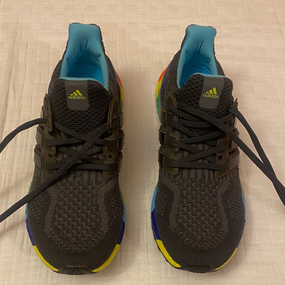 ADIDAS ULTRA BOOST Black Knit Sneakers with Blue and Yellow Accents